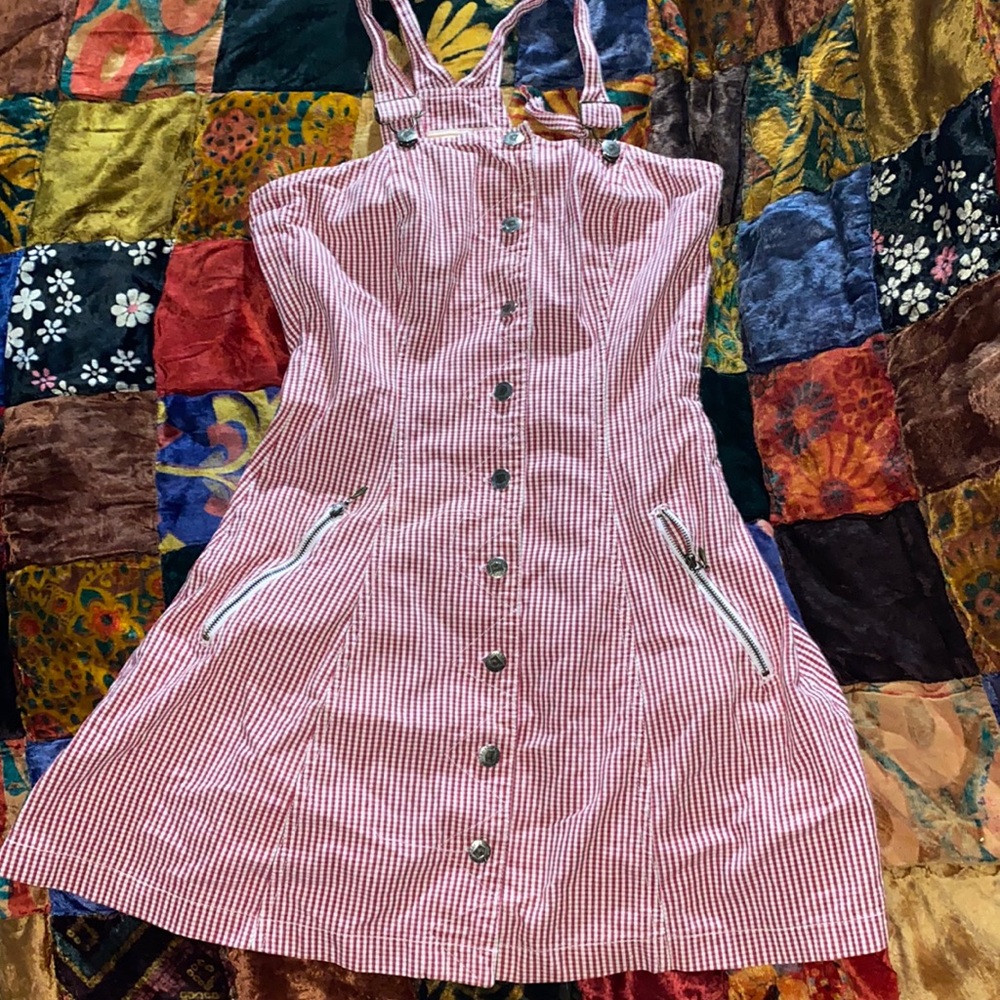 Plaid tickets dress/overalls